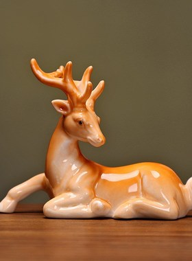 陶瓷小动物摆件孔雀鹿仙鹤茶桌玄关摆件水族陶瓷小工艺品