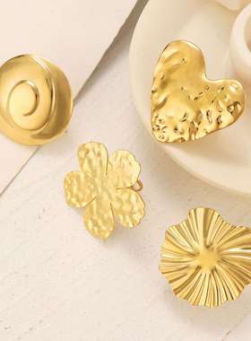 欧美跨境饰品ins高级夸张不锈钢戒指女 花朵爱心海星开口戒指配饰