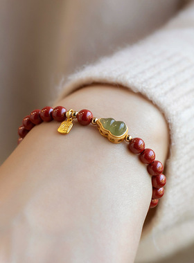 朱砂手串女本命年平安葫芦金镶玉手链福禄生财古风串珠子夏季饰品