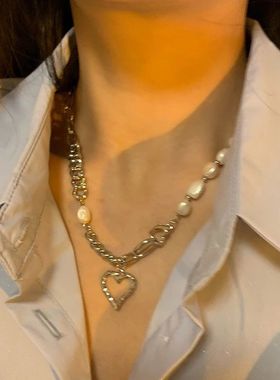 辣妹儿甜酷宇宙皓石人造珍珠项链女ins潮双层叠戴爱心嘻哈锁骨链