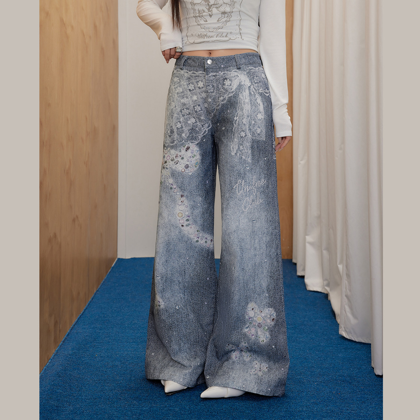 UNIFREEPLUS【腿型修正器 · 流浪丹宁】大码阔腿休闲裤女牛仔裤,淘宝优惠券,粉丝福利购,淘宝优惠卷