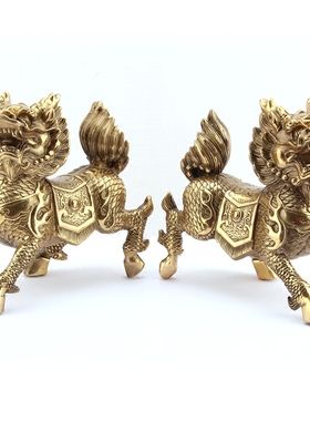 精选铜麒麟摆件一对黄铜火麒麟办公室中式客厅装饰品家居摆设