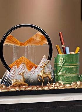 创意办公室桌面节节高升竹子笔筒高档办公桌书桌福鹿流沙画摆件