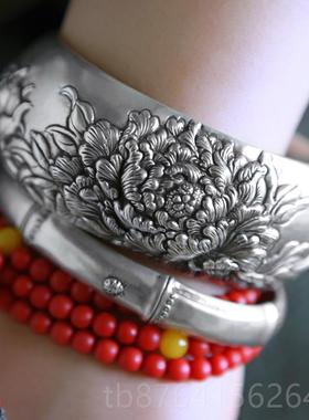 正品喜月手工纯银饰品宽原创设计定制浮雕古99足纯银镯牡复丹女开