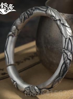 正品银祥居足手錾刻圆柱复古哑光爱莲工说手镯.传银家