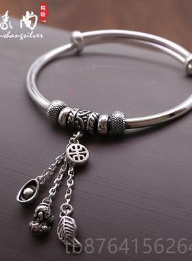 正品9镯999足银手镯复古纯银流苏款貔貅福叶袋子吊坠推拉银子送女