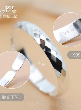 正品999约银手实镯女纯银口年轻款时尚饰品新水立方心银镯子简开
