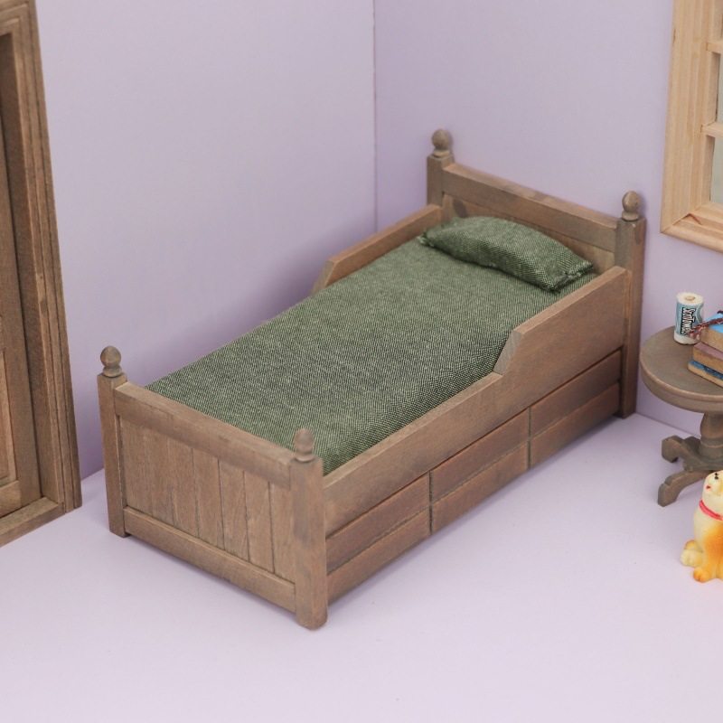 1：12迷你娃娃屋家具配件DOLLHOUSE摆件OB11可用床仿旧色带抽屉床,淘宝优惠券,粉丝福利购,淘宝优惠卷