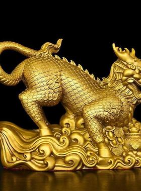 铜麒麟摆件一对家居玄关办公室工艺品纯铜聚宝盆公母麒麟大号瑞兽