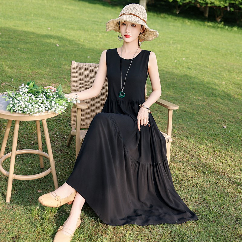 新款波西米亚棉绸连衣裙妈妈海边度假夏季遮肚无袖大摆沙滩裙外穿 - 图0