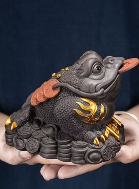 优选紫砂陶瓷招财金蟾茶宠茶具汽车摆件茶玩茶桌蟾蜍茶台手把件装