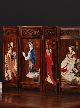 优选玄同红酸枝四大美女屏风摆件迷你小家具摆件梅兰竹菊木质拍照