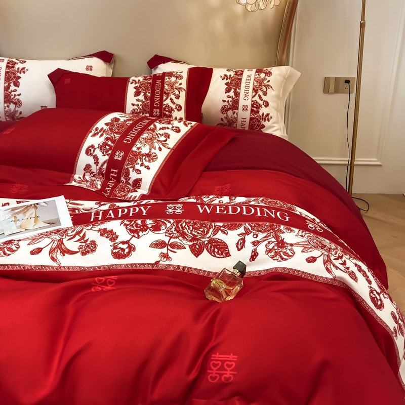 简约时尚结婚四件套大红色被套婚房陪嫁床单高档婚庆床上用品喜被 - 图0
