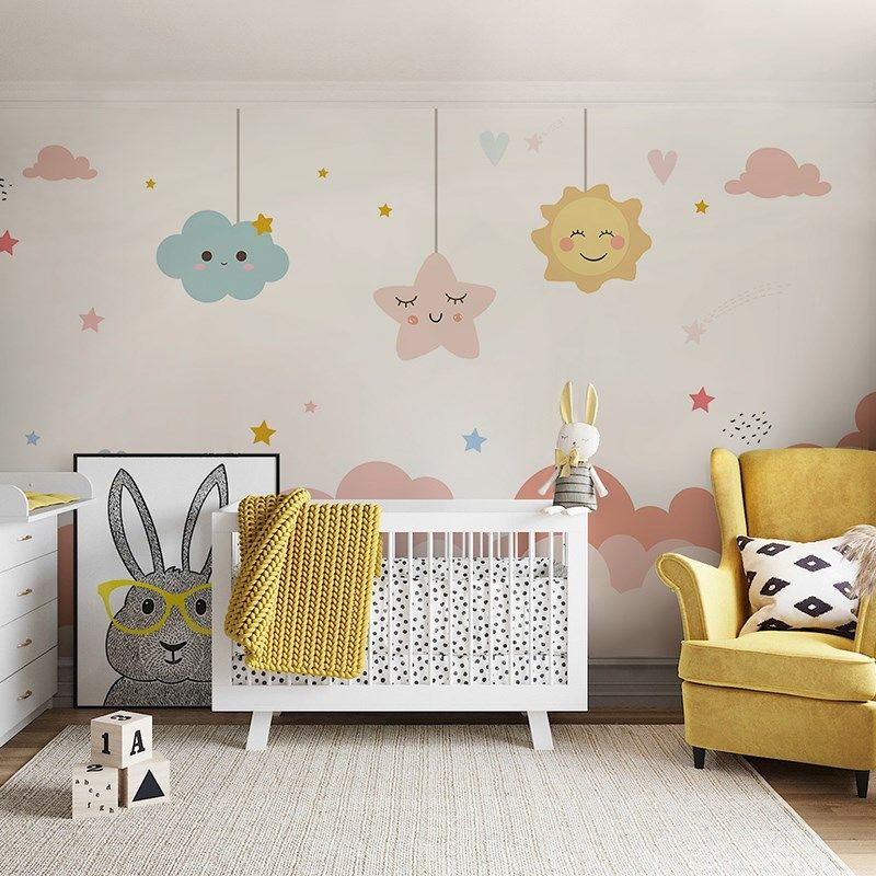 精选太阳星星卡通墙纸女孩卧室墙布儿童房壁布无缝壁画公主房壁纸,淘宝优惠券,粉丝福利购,淘宝优惠卷