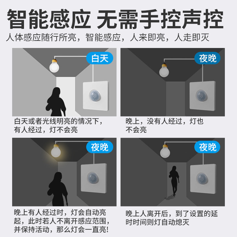 86型人体感应开关面板220V家用楼梯走廊延时智能红外线自动感应器,淘宝优惠券,粉丝福利购,淘宝优惠卷