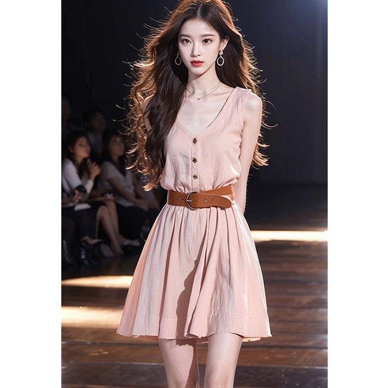 法式茶歇小个子V领背心裙子夏季新款设计感收腰显瘦无袖连衣裙女,淘宝优惠券,粉丝福利购,淘宝优惠卷