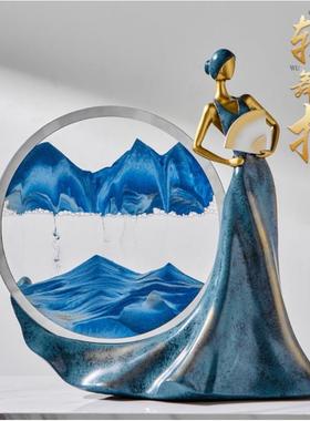 高级蓝色树脂舞女流沙画摆件创意艺术沙漏客厅酒柜电视柜装饰品