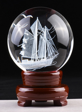 水晶球内雕船一帆风顺家居饰品中式摆件乔迁送礼朋友客厅摆放桌面