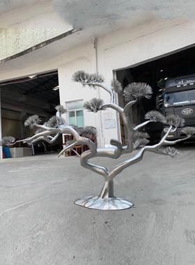 不锈钢迎客松雕塑定制镜面金属抽象松树装饰酒店玄关水景观摆件