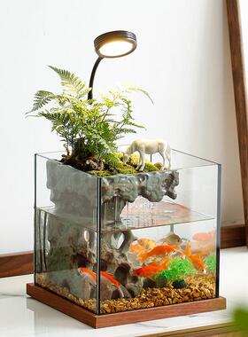 创意循环流水摆件生态玻璃鱼缸生财小型家用招财养鱼缸景观水族箱