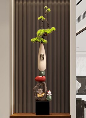 入门玄关造景花瓶摆件石来运转迎客松客厅新中式细长高陶瓷装饰品