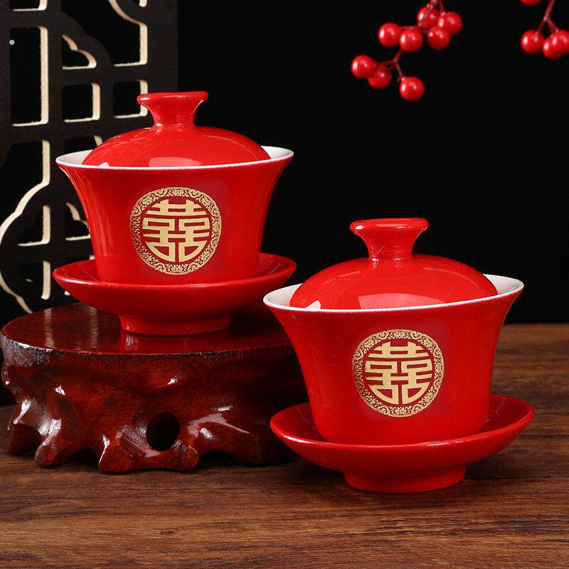 Tea cups, wedding bowls, wedding events, red mouth covers, tea sets, bowls, chopsticks, sets, dowry supplies