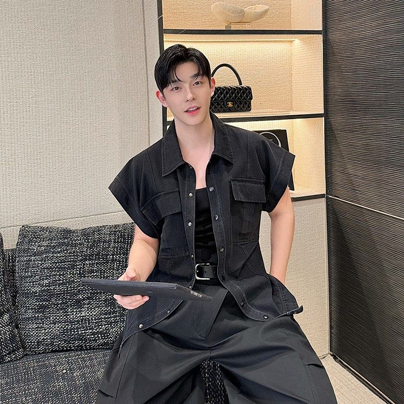 韩国小众设计师款复古美式水洗皱褶大口袋牛仔马甲男坎肩无袖外套,淘宝优惠券,粉丝福利购,淘宝优惠卷