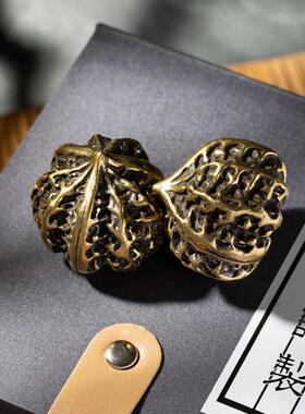 实心文玩古玩核桃手把件一对纯黄铜狮子头官帽核桃把玩摆件握球