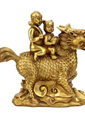 黄铜麒麟送子麒麟摆件麒麟驮男孩女孩一对金童玉女家居创意工艺品