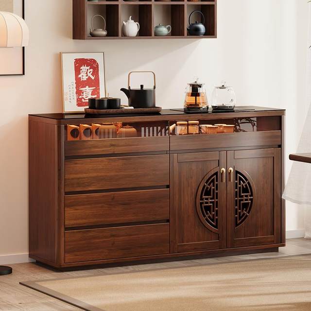 New Chinese-style solid wood sideboard wall integrated storage cabinet smart tea bar machine living room storage tea cabinet new style