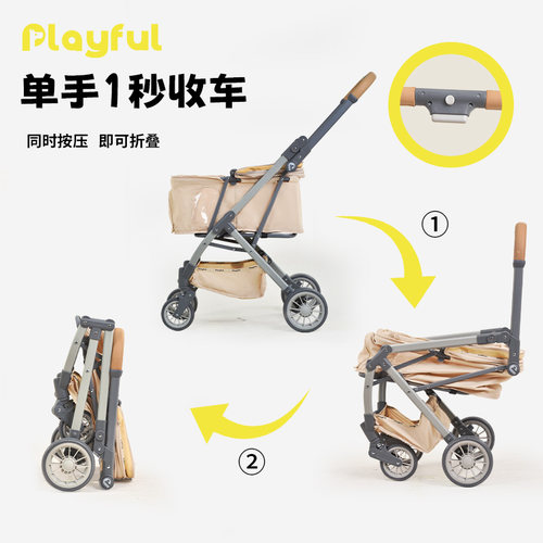 Playful中小型宠物推车外出一体式轻便一键折叠高碳钢猫狗推车 - 图1