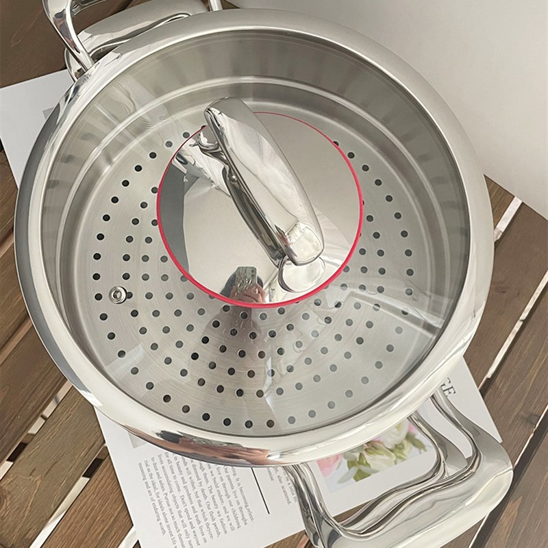 出口德国304不锈钢蒸锅家用蒸煮炖加厚二层馒头汤锅带蒸笼26/28cm - 图1