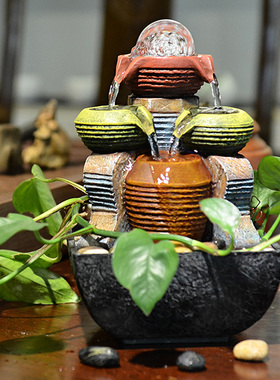 欧式流水喷泉风水轮小摆件水车办公室创意礼品物家居装饰桌面竹子