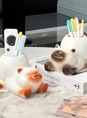 优选可爱暹罗猫笔筒摆件办公室眼镜架工位桌面情绪稳定生日礼物装