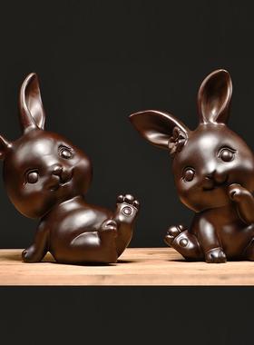 木雕兔子摆件实木家居客厅装饰轻奢高档木头玄关电视柜家居摆设