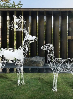 不锈钢镂空梅花鹿摆件户外t景观铁艺金属动物雕塑园林草坪美陈装