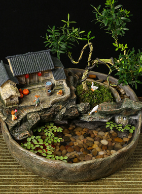 中式创意鱼缸流水摆件循环水x客厅办公室装饰品桌面微景观开业礼