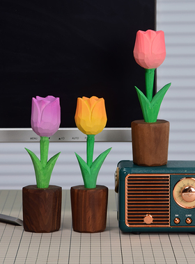 手工木雕郁e金香桌面装饰摆饰永生花简约创意家居饰品中秋节小礼