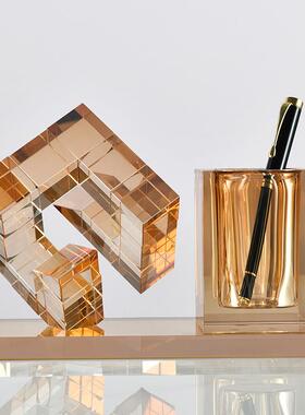 高档水晶笔筒组合艺术家居办公装饰摆件商务礼品笔筒摆件定制刻字