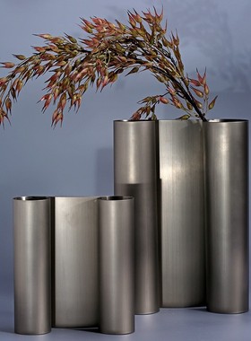 现代家居金属拉丝褐灰色曲面横z向长方形花器新中式花瓶摆件样板