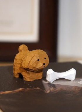 中大奖的泰迪k手工木雕小摆件迷你可爱动物狗狗办公桌面装饰