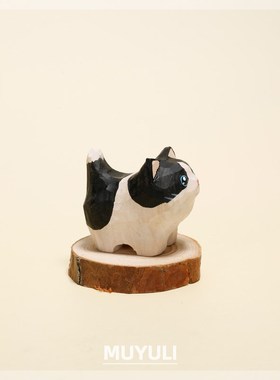 优选手工木雕小猫咪摆件软萌奶牛猫可爱情侣一对电脑桌面装饰生日