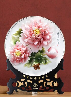 优选博艺萱洛阳牡丹瓷盘摆件客厅电视柜玄创意摆设手工艺术品乔迁