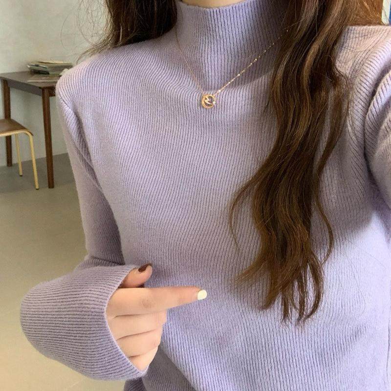 秋冬无缝一体半高领羊毛打底衫女修身显瘦内搭上衣-图3