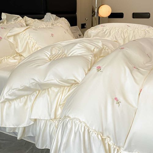 优选法式复古玫瑰刺绣冰丝四件套天丝被套夏季床单公主风床品高级 - 图1