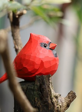 Jay家 北美红雀 手工木雕小鸟 可爱小肥R啾桌面摆件生日礼物