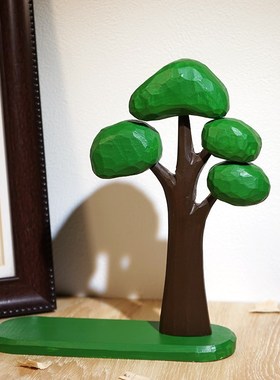 幸福棉花糖绿树木雕摆u件卡通办公室电脑桌面书柜解压装饰品