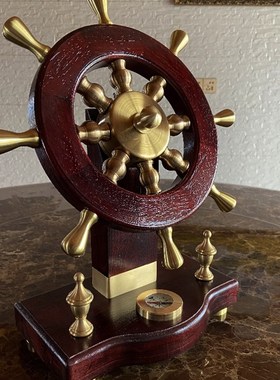 领航舵红木红花梨实木船舵家居工艺品纯铜桌面装饰品黄铜开业礼品