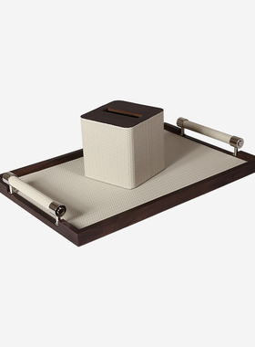 轻奢高端创意木质装饰p品样板间售楼处客厅原面木色托盘纸巾盒摆