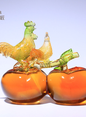 琉璃工艺品事事如意o柿子生肖小公鸡摆件可爱乔迁新居礼品实用高